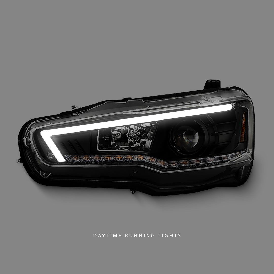 Mitsubishi Lancer CJ (2007 - 2018) Sequential Black V3 LED DRL HID Type Projector Headlights LH + RH