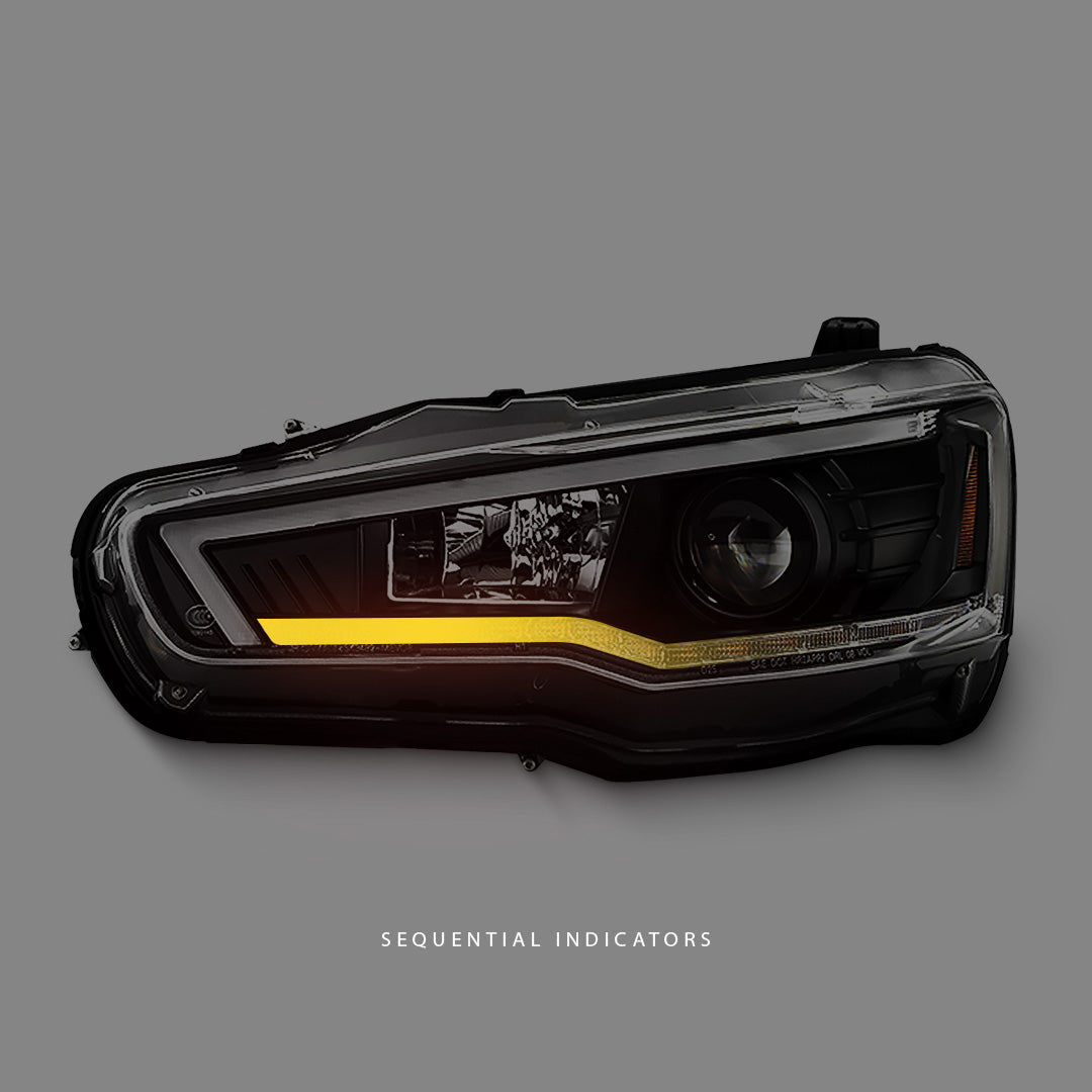Mitsubishi Lancer CJ (2007 - 2018) Sequential Black V3 LED DRL HID Type Projector Headlights LH + RH