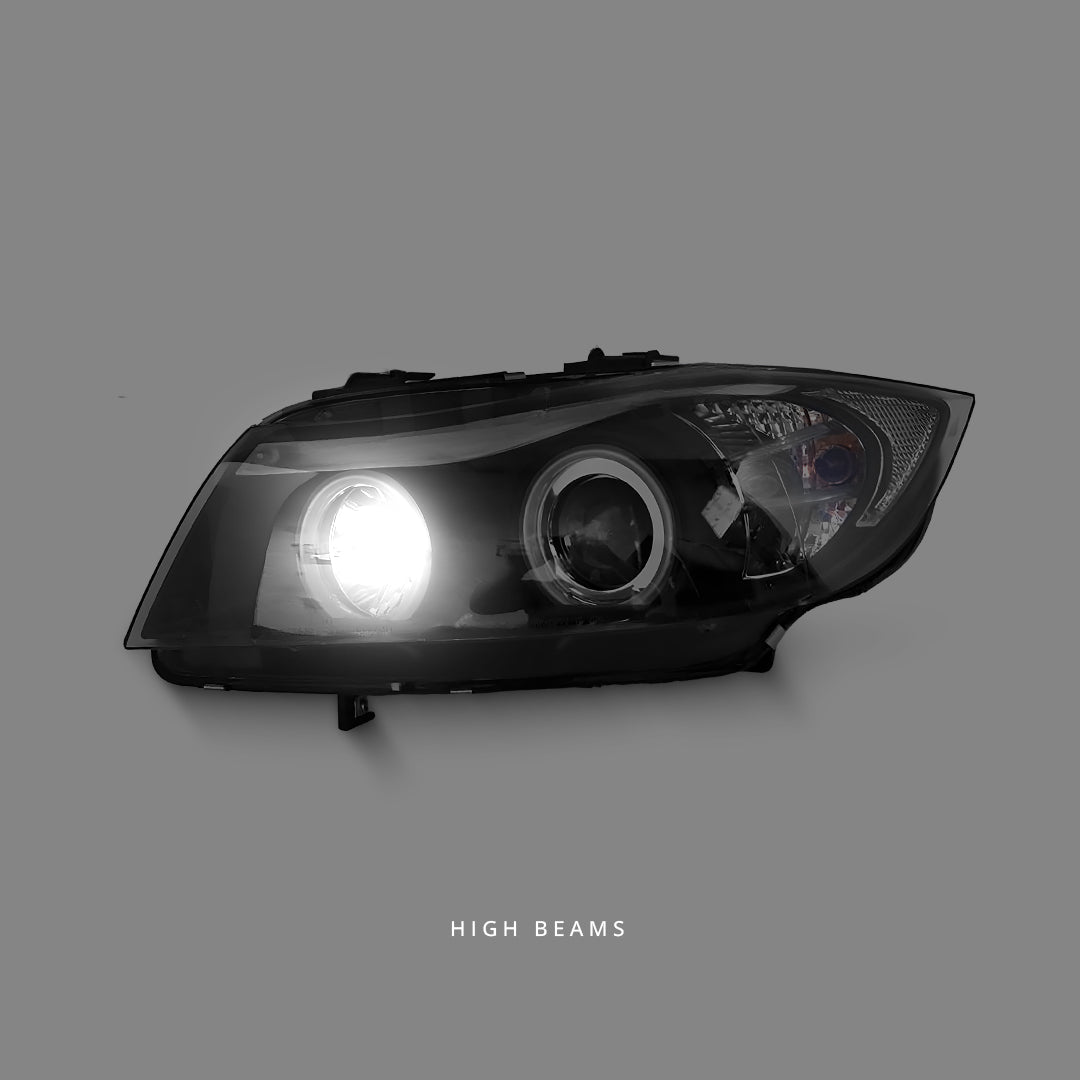 BMW 3-Series E90 Sedan (2005 - 2008) Black LED Angel Eyes Projector Headlights LH + RH