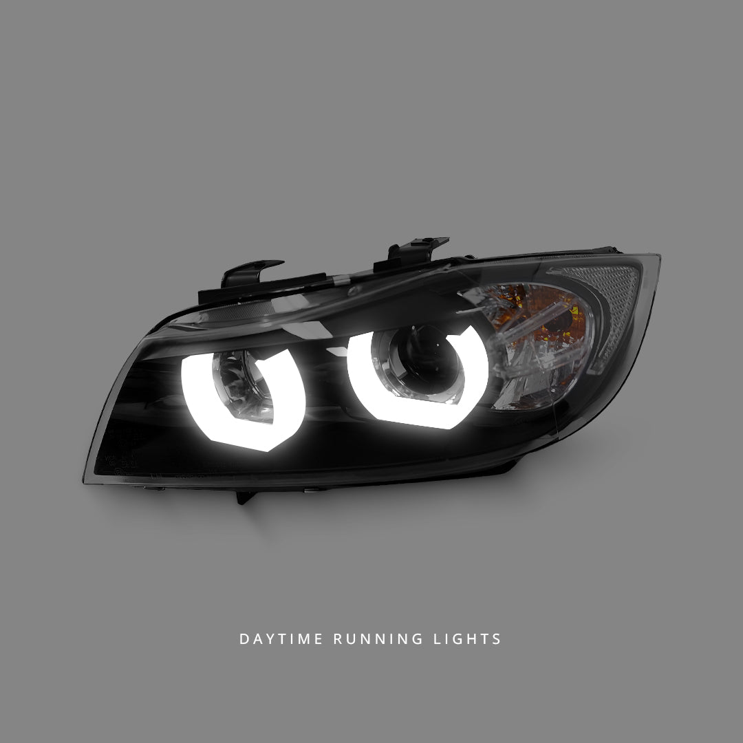 BMW 3-Series E90 Sedan (2005 - 2008) Black 3D LED DRL Angel Eyes Projector Headlights LH + RH