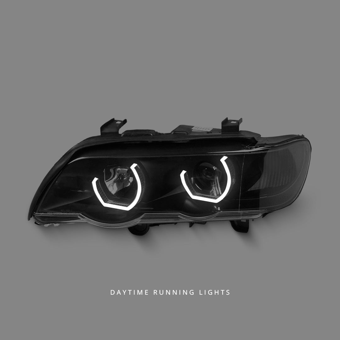 BMW X5 E53 (1999 - 2003) Black 3D Dual LED Angel Eyes Projector Headlights LH + RH