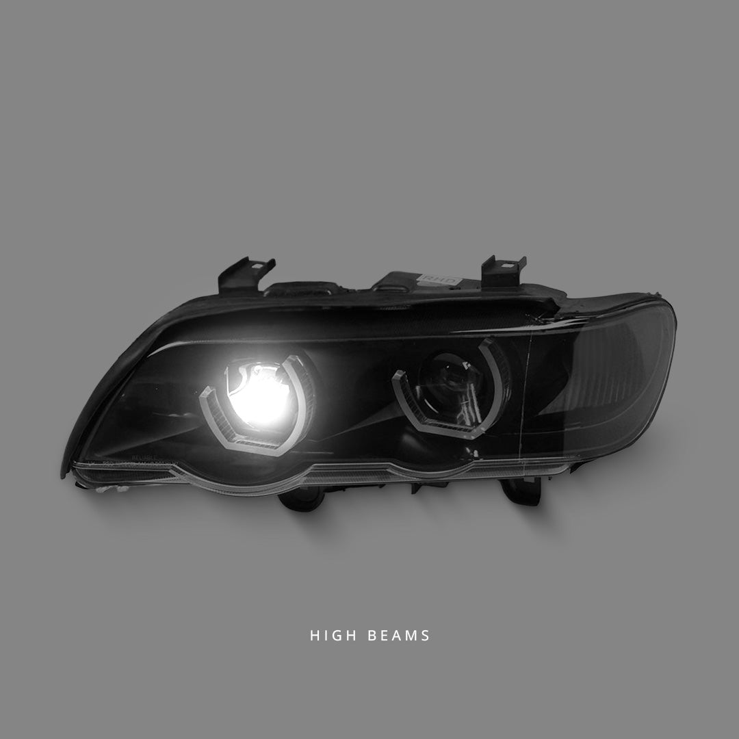 BMW X5 E53 (1999 - 2003) Black 3D Dual LED Angel Eyes Projector Headlights LH + RH
