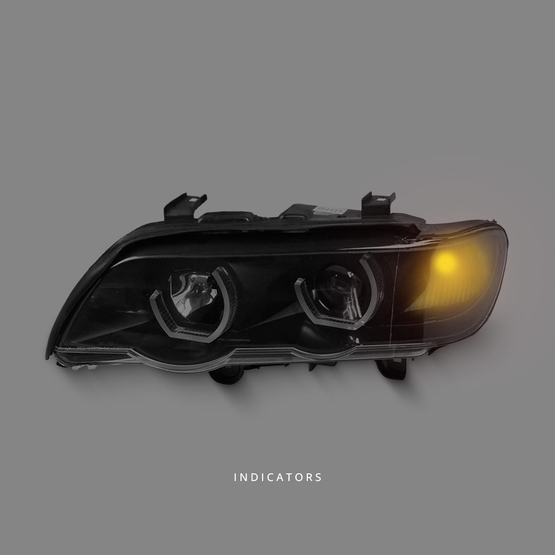 BMW X5 E53 (1999 - 2003) Black 3D Dual LED Angel Eyes Projector Headlights LH + RH