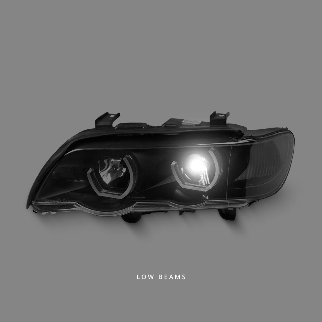 BMW X5 E53 (1999 - 2003) Black 3D Dual LED Angel Eyes Projector Headlights LH + RH