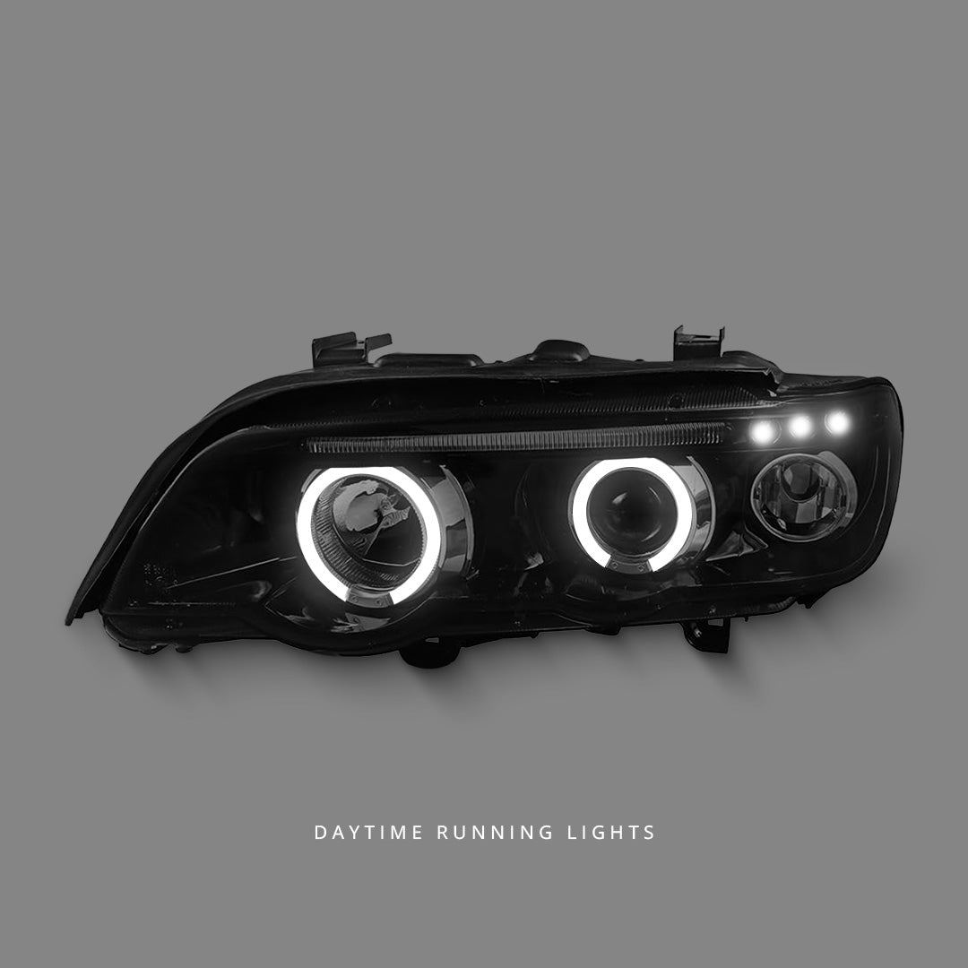 BMW X5 E53 (1999 - 2003) Black Dual LED Angel Eyes Projector Headlights LH + RH