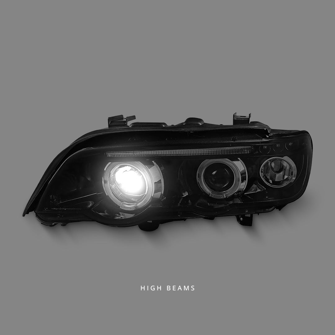 BMW X5 E53 (1999 - 2003) Black Dual LED Angel Eyes Projector Headlights LH + RH
