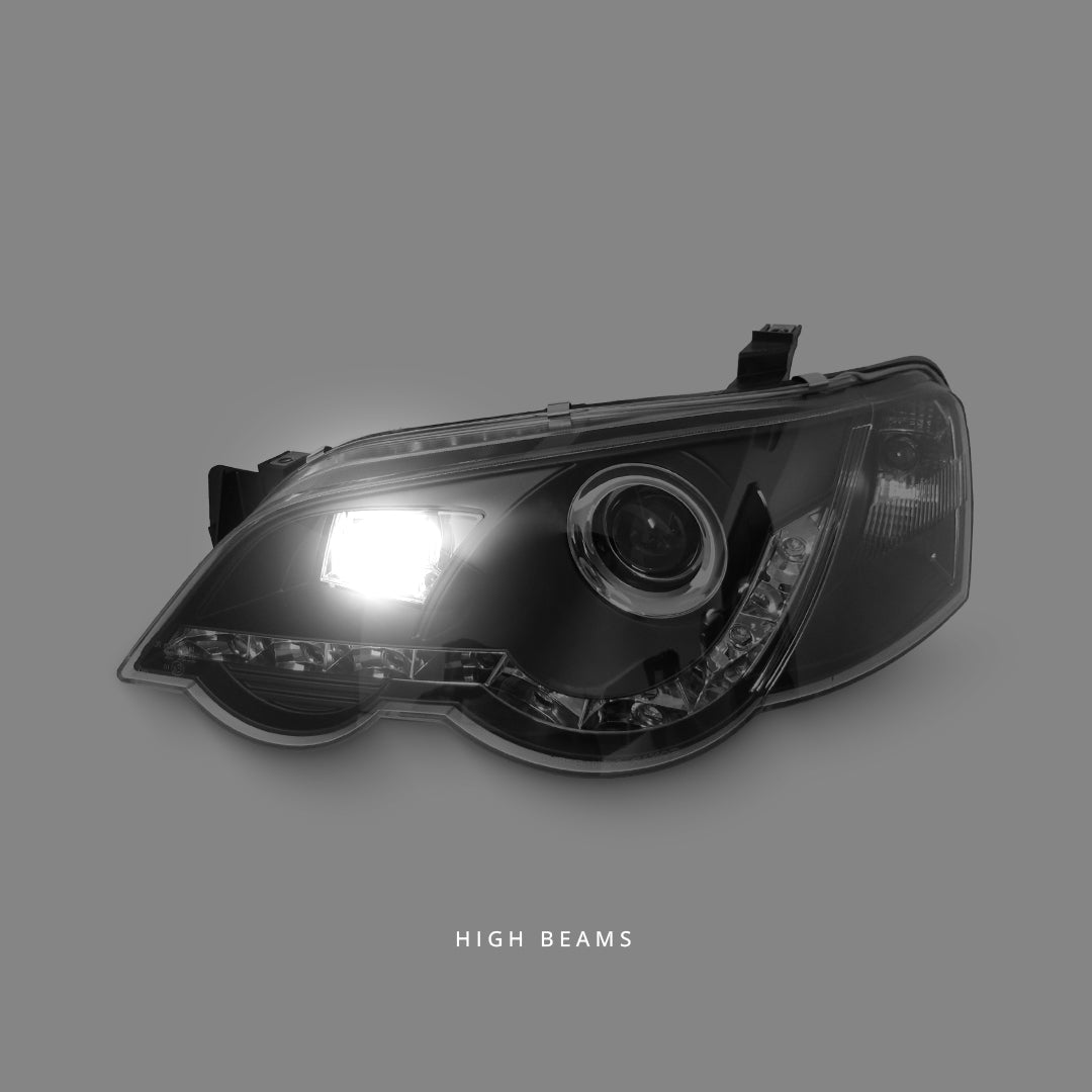 Ford Falcon BA / BF XR6 / XR8 (2002 - 2008) Black LED DRL Projector Headlights LH + RH