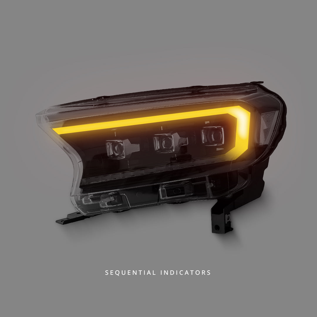 Ford Ranger PX MK2 / MK3 (2016 - 2021) Sequential Black LED DRL Projector Headlights LH + RH