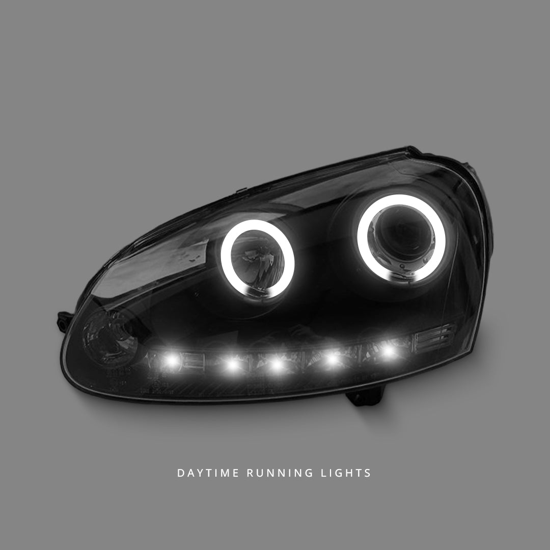 Volkswagen Golf MK5 TDI GTI (2003 - 2008) Black LED DRL Angel Eyes Projector Headlights LH + RH