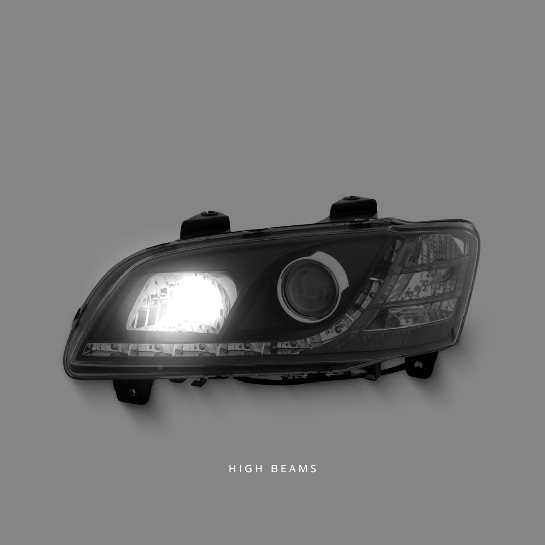 Holden Commodore VE Series 1 (2006 - 2010) Black LED DRL Projector Headlights LH + RH