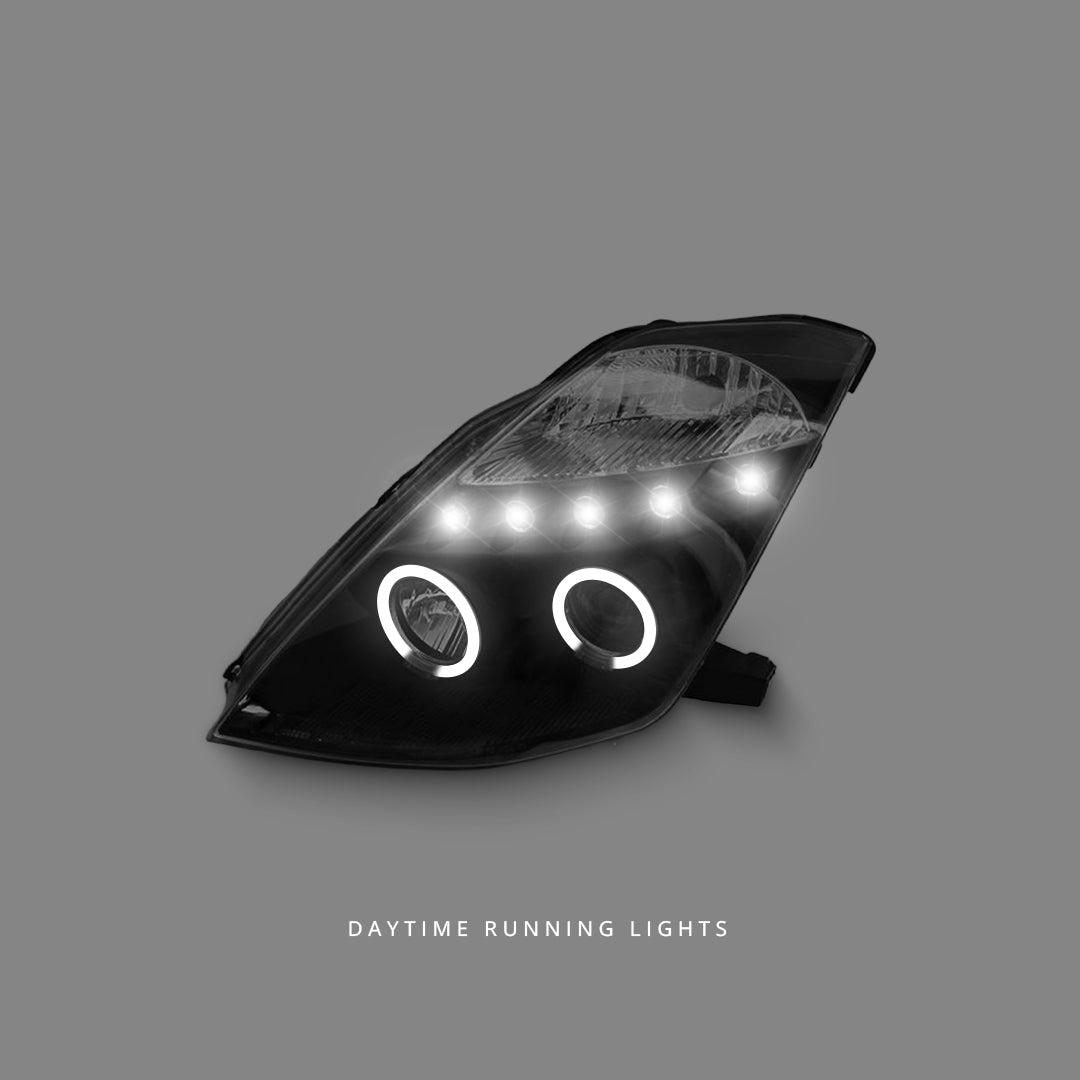 Nissan 350Z / Z33 Fairlady (2003 - 2005) Black LED DRL Angel Eyes Projector Headlights LH + RH