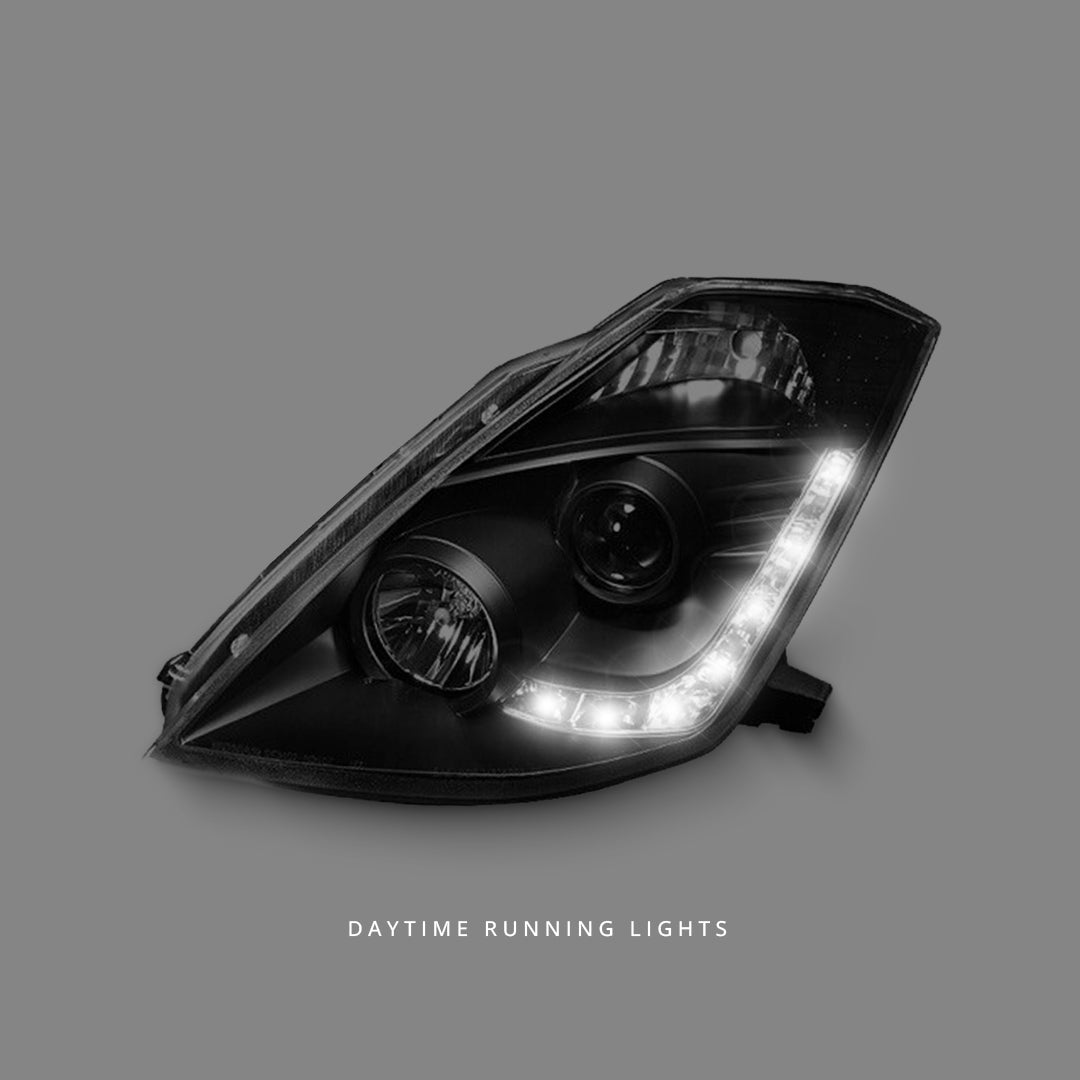 Nissan 350Z / Z33 Fairlady (2003 - 2005) Black LED DRL Halogen Type Projector Headlights LH + RH