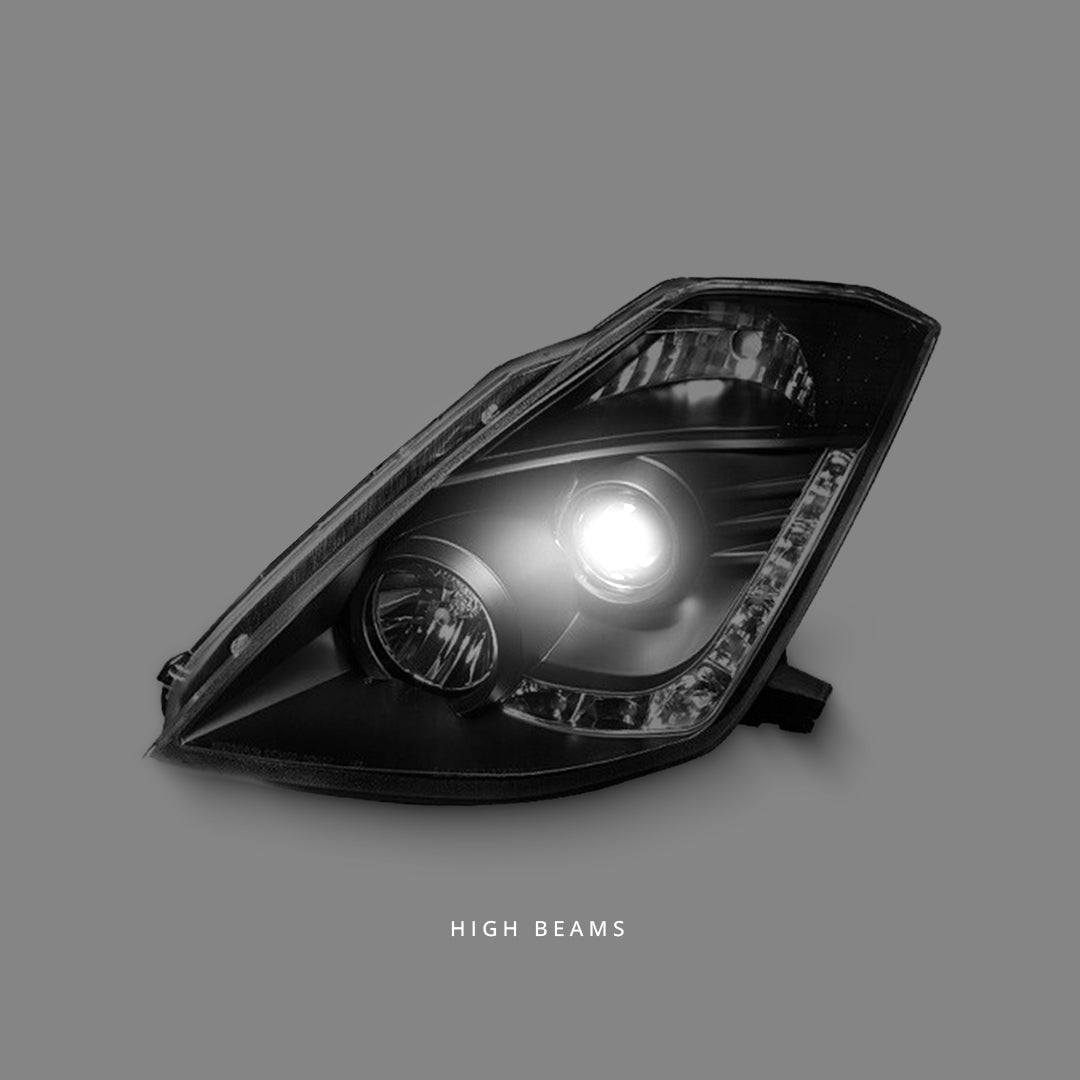 Nissan 350Z / Z33 Fairlady (2003 - 2005) Black LED DRL Halogen Type Projector Headlights LH + RH