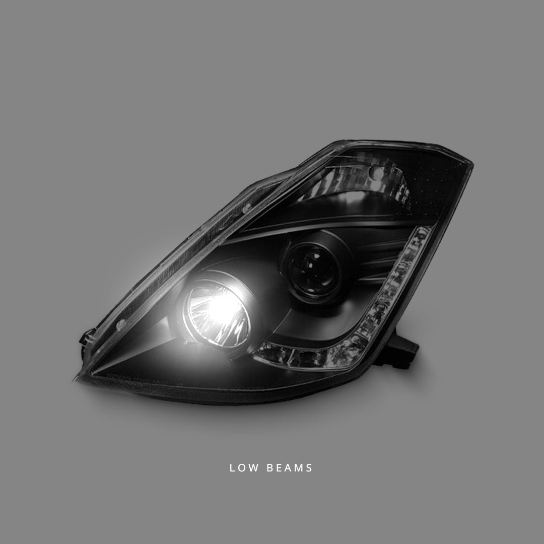 Nissan 350Z / Z33 Fairlady (2003 - 2005) Black LED DRL Halogen Type Projector Headlights LH + RH