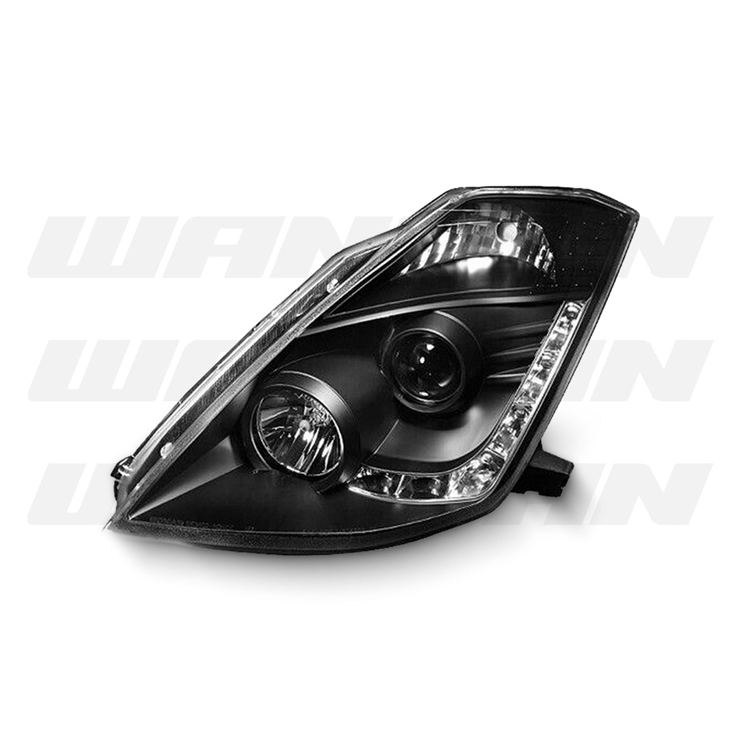 Nissan 350Z / Z33 Fairlady (2003 - 2005) Black LED DRL Halogen Type Projector Headlights LH + RH