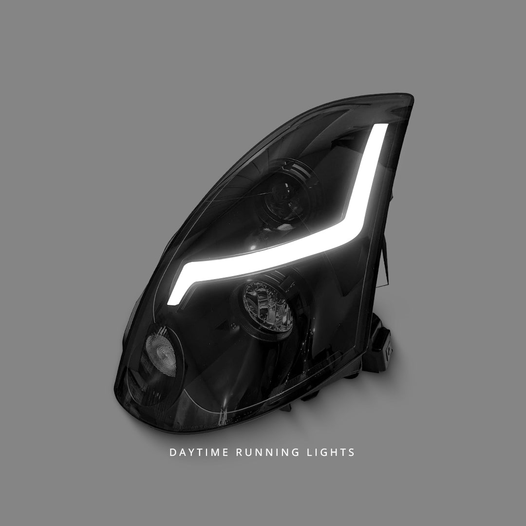 Nissan Skyline V35 350GT Coupe (2001 - 2006) Black 3D LED DRL Projector Headlights LH + RH