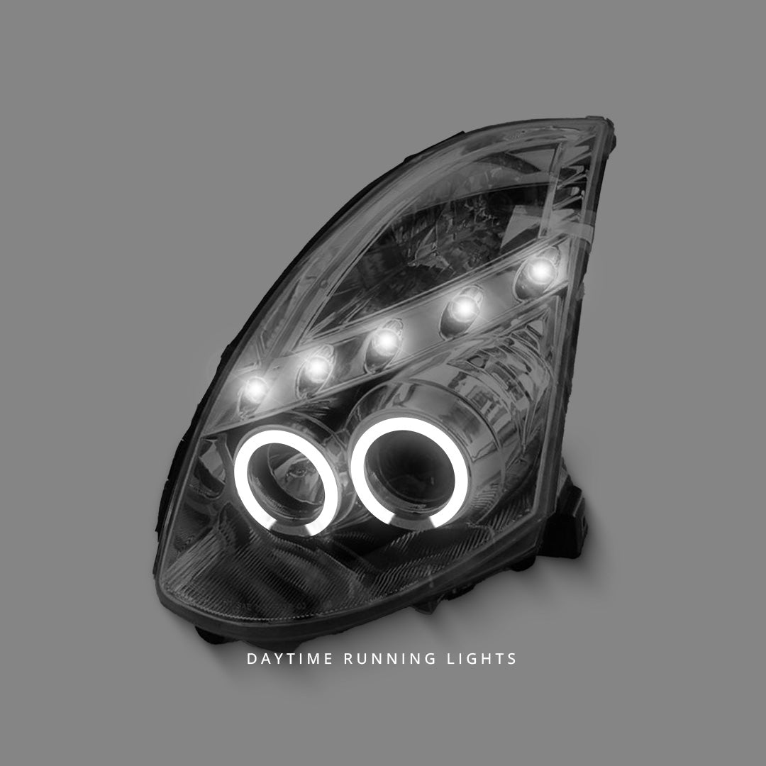 Infiniti G-Line G35 (2001 - 2006) Clear LED DRL Angel Eyes Projector Headlights LH + RH