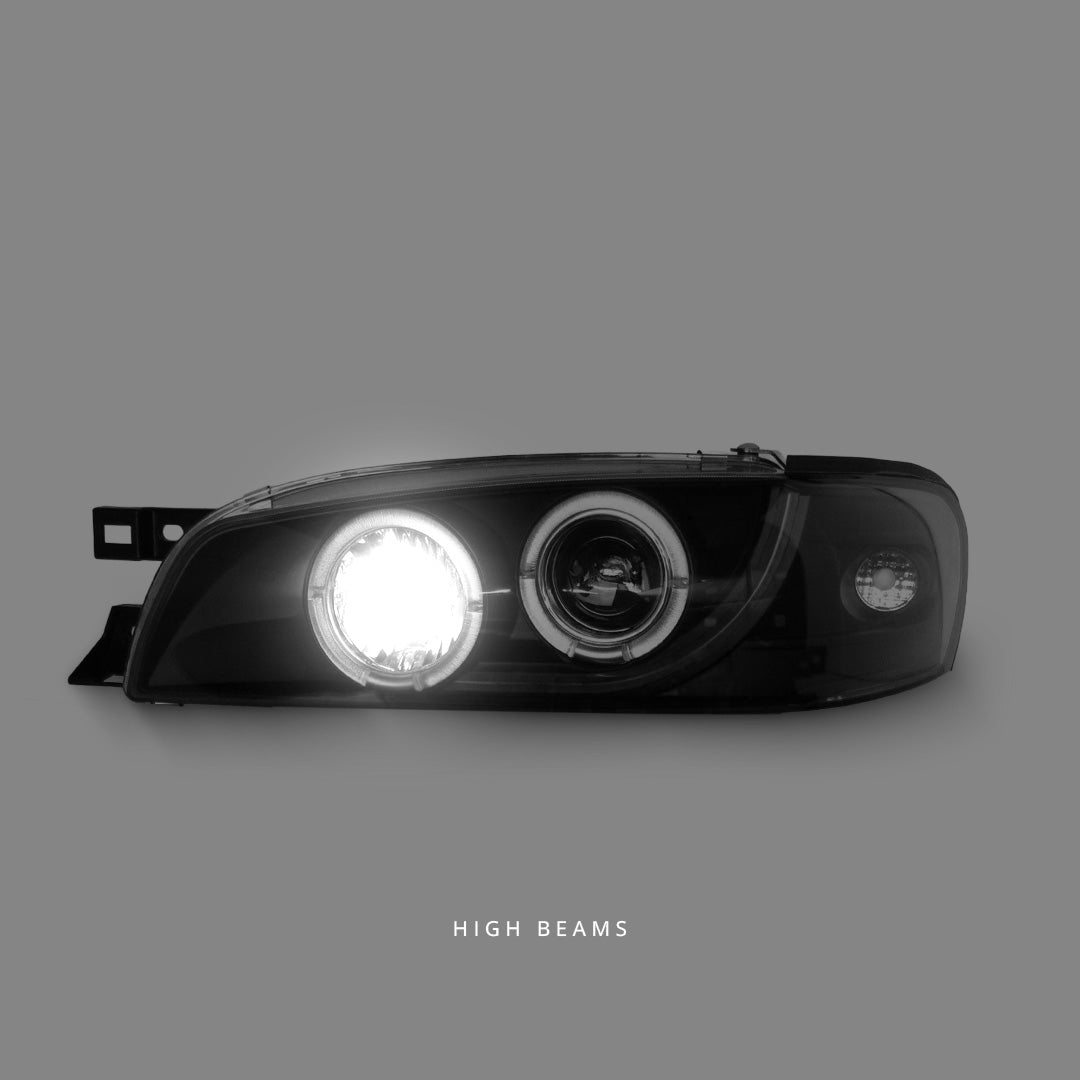Subaru Impreza GC8 Sedan (1992 - 2000) Black LED DRL Angel Eyes Projector Headlights LH + RH