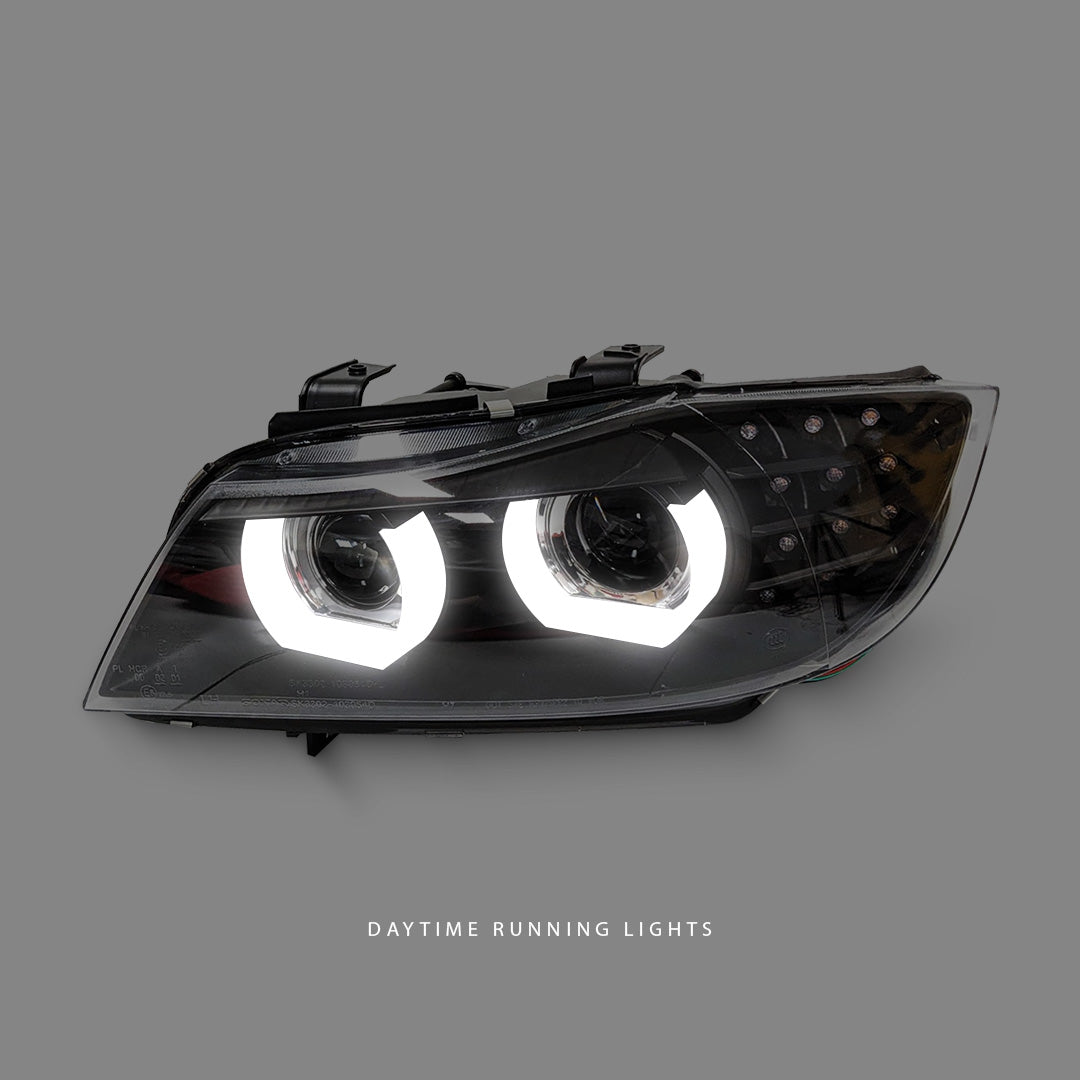 BMW 3-Series E90 Sedan Facelift (2009 - 2012) Black 3D LED DRL Angel Eyes Projector Headlights LH + RH