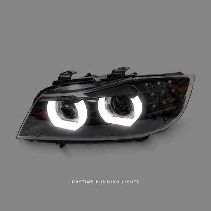 BMW 3-Series E90 Sedan Facelift (2009 - 2012) Black 3D LED DRL Angel Eyes Projector Headlights LH + RH