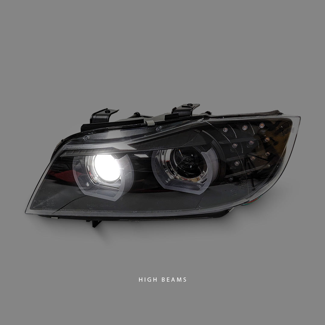 BMW 3-Series E90 Sedan Facelift (2009 - 2012) Black 3D LED DRL Angel Eyes Projector Headlights LH + RH