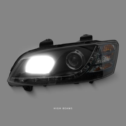 Holden Commodore VE Series 2 (2010 - 2013) Black LED DRL Projector Headlights LH + RH