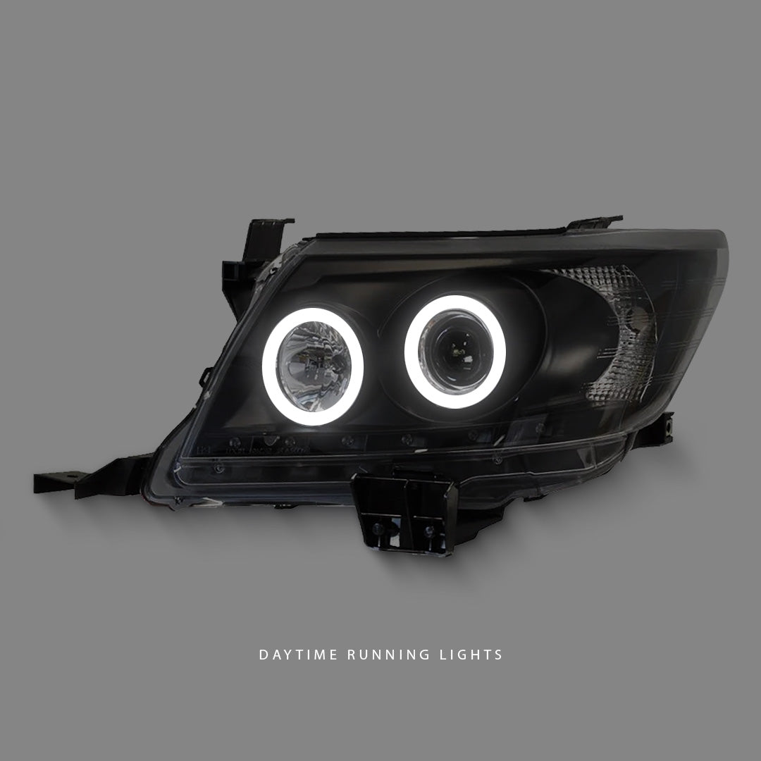Toyota HiLux SR5 (2011 - 2014) Black LED DRL Angel Eyes Projector Headlights LH + RH