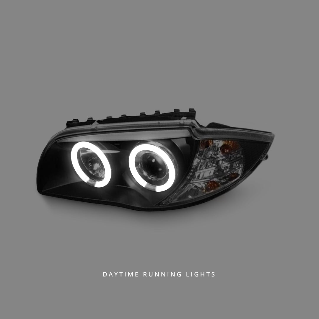 BMW 1-Series E81 / E82 / E87 / E88 (2004 - 2011) Black LED Angel Eyes Projector Headlights LH + RH