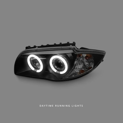 BMW 1-Series E81 / E82 / E87 / E88 (2004 - 2011) Black LED Angel Eyes Projector Headlights LH + RH