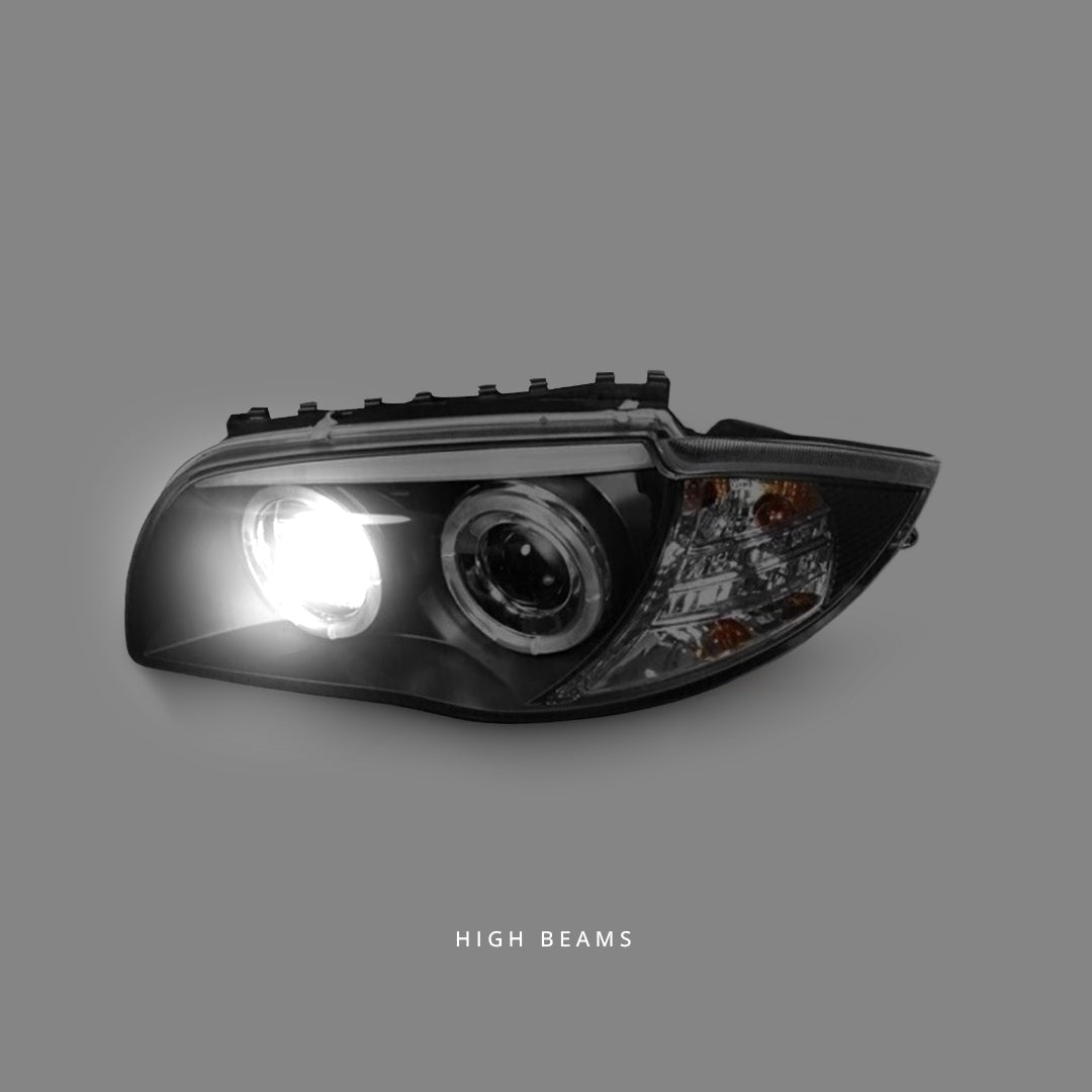 BMW 1-Series E81 / E82 / E87 / E88 (2004 - 2011) Black LED Angel Eyes Projector Headlights LH + RH
