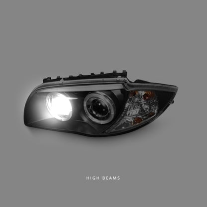 BMW 1-Series E81 / E82 / E87 / E88 (2004 - 2011) Black LED Angel Eyes Projector Headlights LH + RH