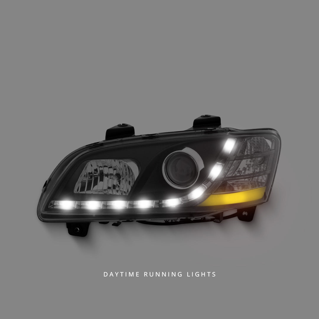 Holden Commodore VE Series 1 (2006 - 2010) Black LED DRL Projector Headlights LH + RH