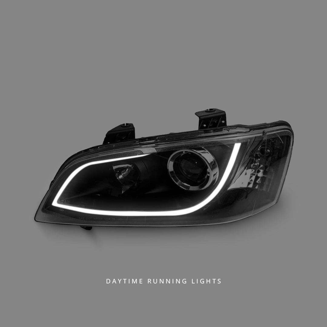 Holden Commodore VE Series 1 (2006 - 2010) Black 3D LED DRL Projector Headlights LH + RH