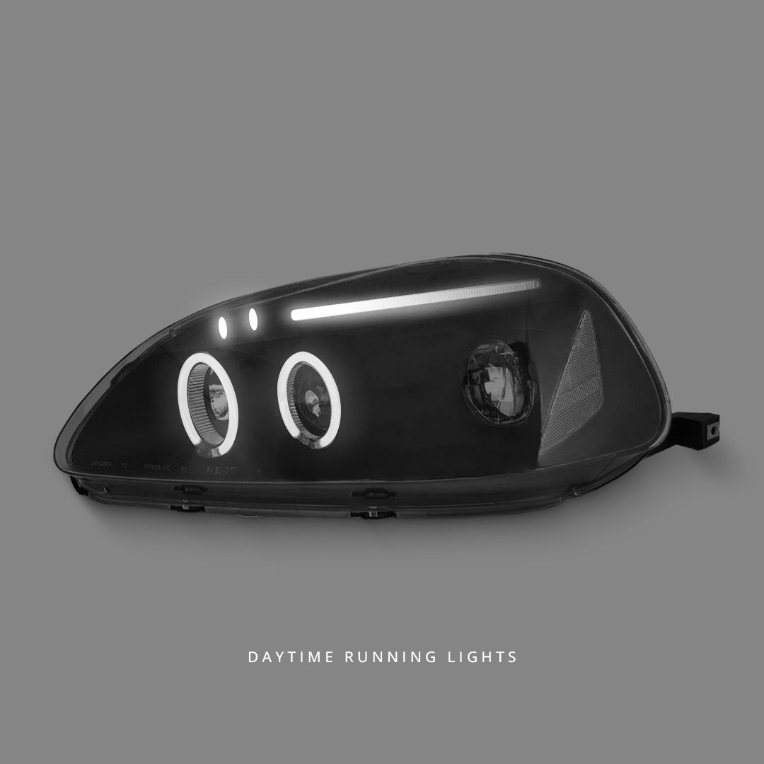 Honda Civic EK (1999 - 2000) Black LED Angel Eyes Projector Headlights LH + RH