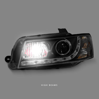 Holden Commodore VZ (2004 - 2006) Black LED DRL Projector Headlights LH + RH
