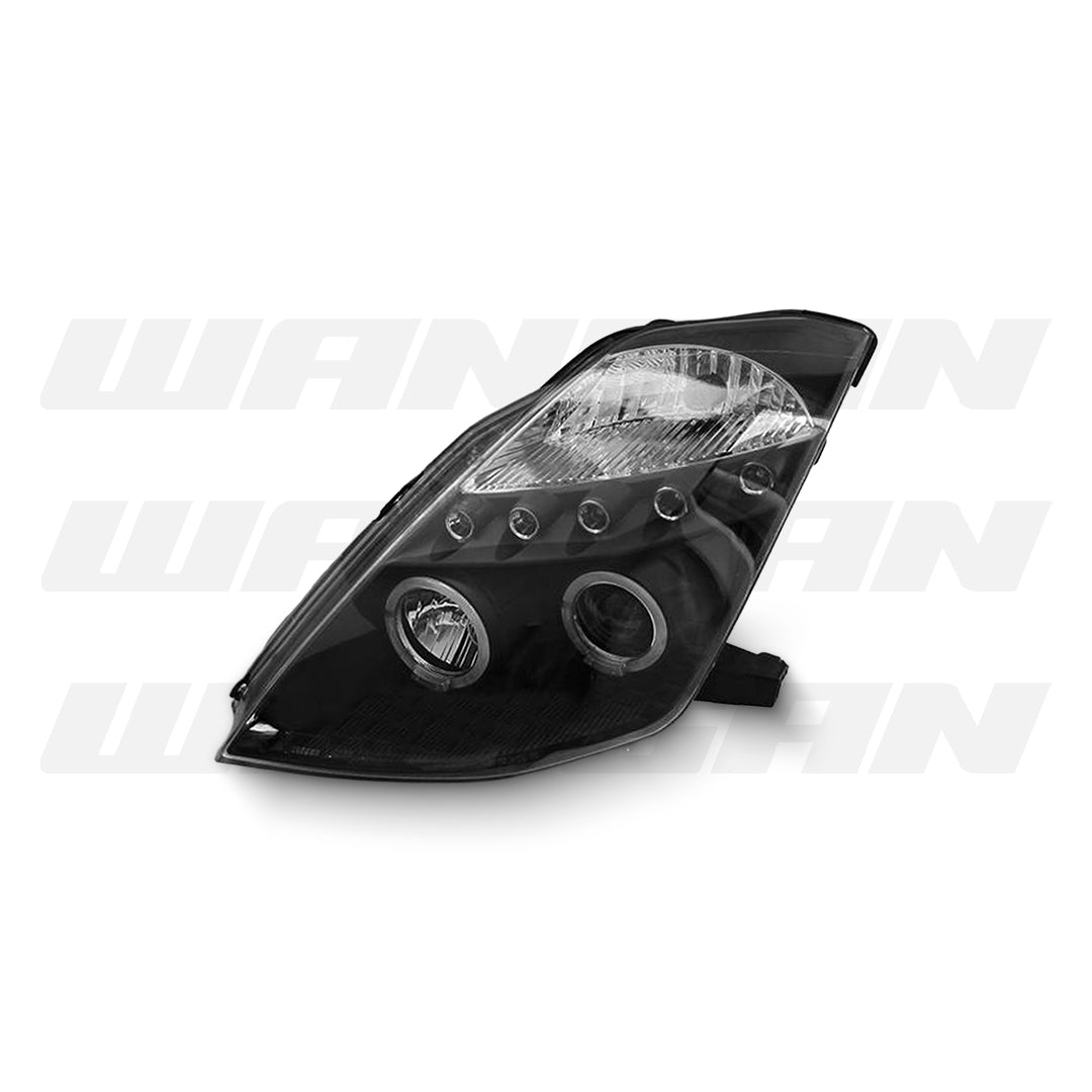 Nissan 350Z / Z33 Fairlady (2003 - 2005) Black LED DRL Angel Eyes Projector Headlights LH + RH