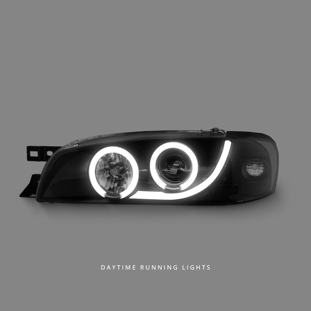 Subaru Impreza GC8 Sedan (1992 - 2000) Black LED DRL Angel Eyes Projector Headlights LH + RH