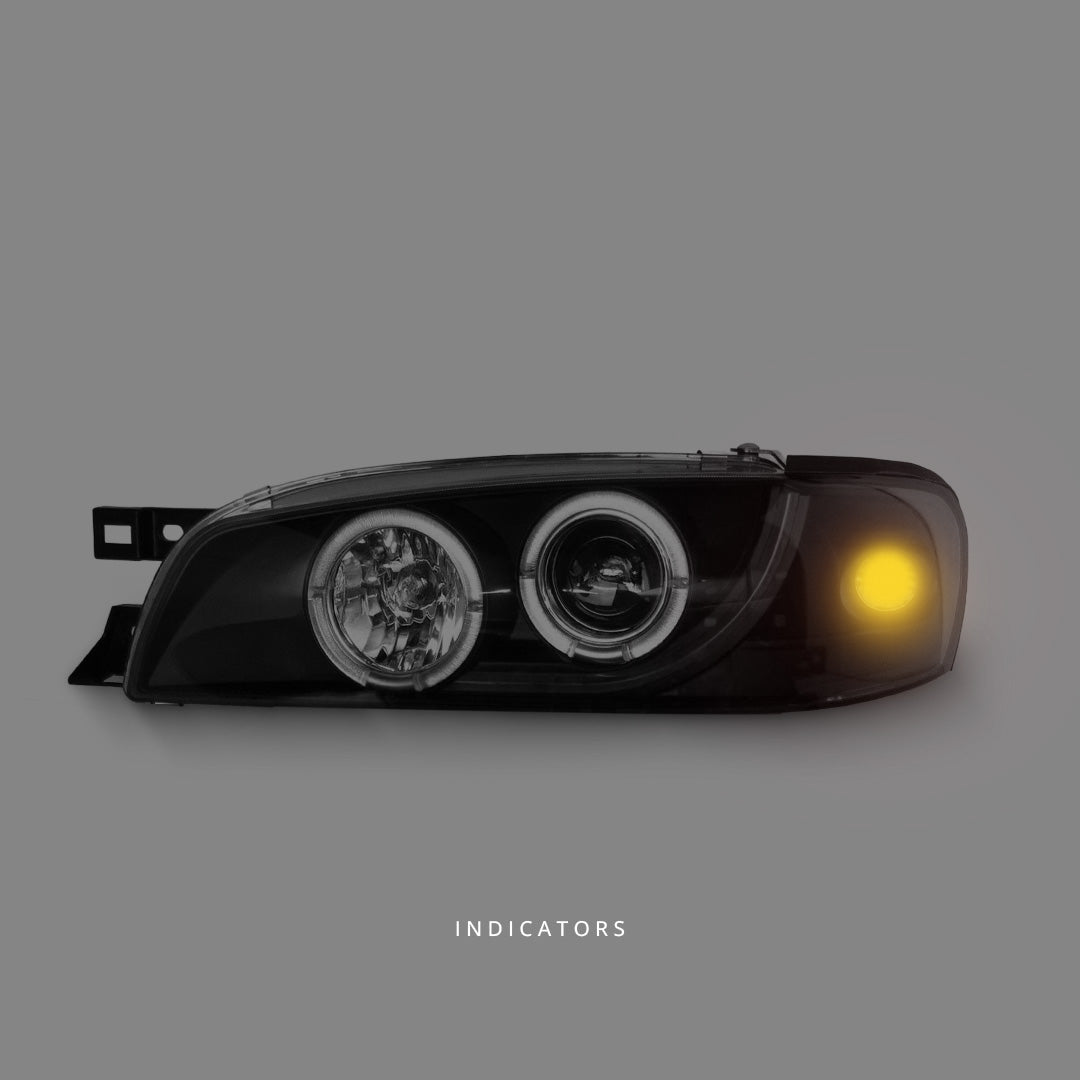 Subaru Impreza GC8 Sedan (1992 - 2000) Black LED DRL Angel Eyes Projector Headlights LH + RH