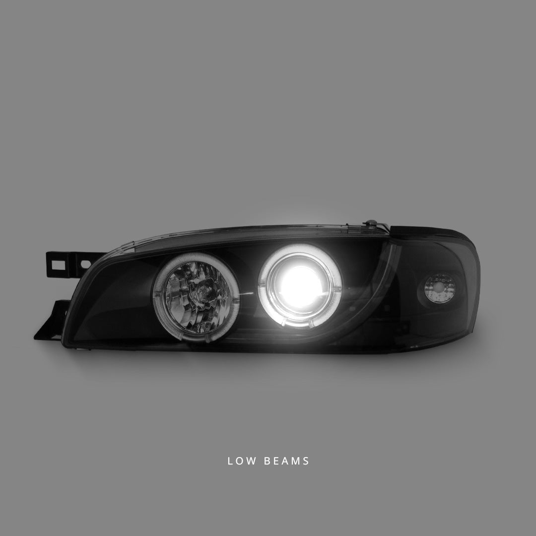 Subaru Impreza GC8 Sedan (1992 - 2000) Black LED DRL Angel Eyes Projector Headlights LH + RH
