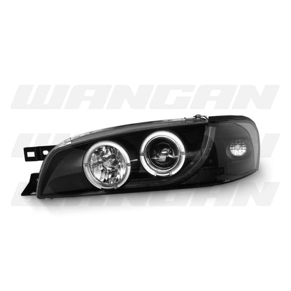 Subaru Impreza GC8 Sedan (1992 - 2000) Black LED DRL Angel Eyes Projector Headlights LH + RH