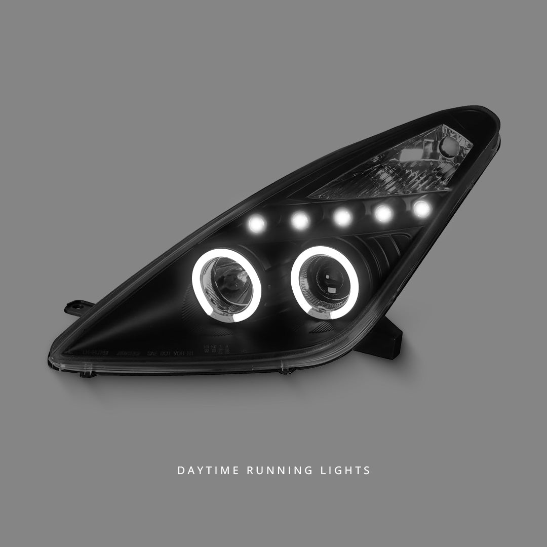 Toyota Celica T230 (1999 - 2005) Black LED Angel Eyes Projector Headlights LH + RH