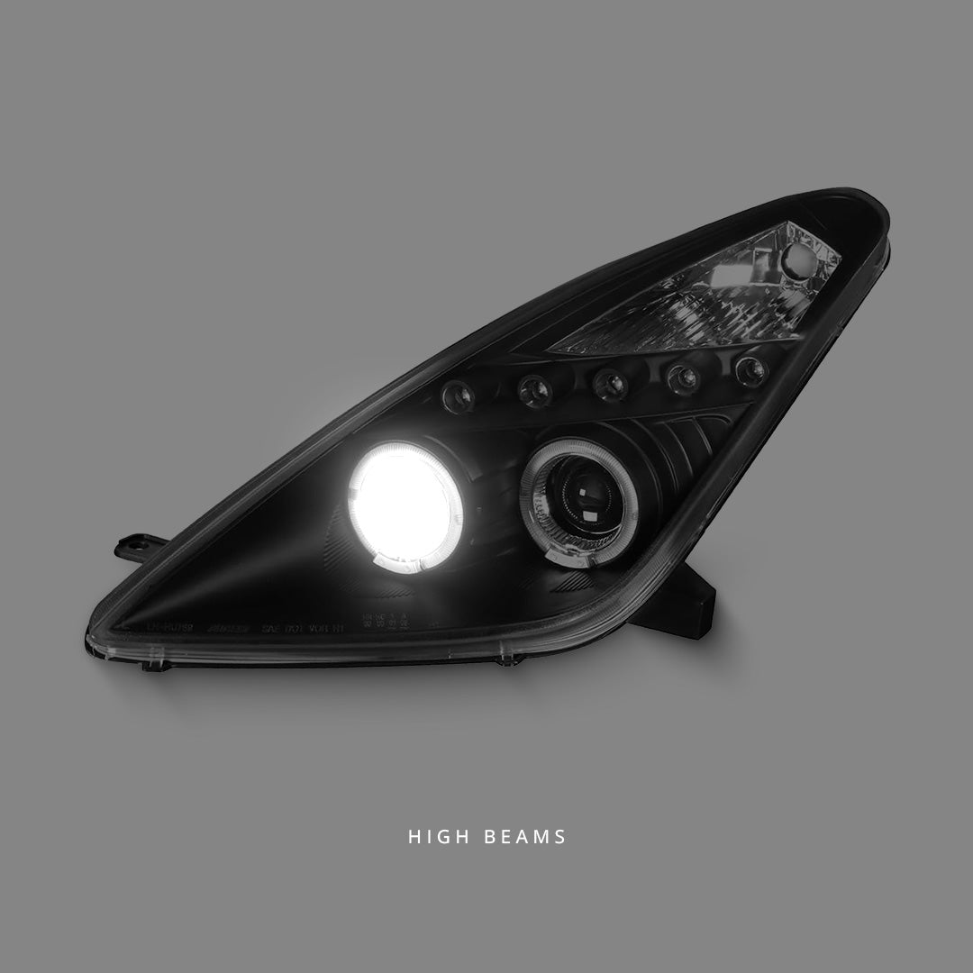 Toyota Celica T230 (1999 - 2005) Black LED Angel Eyes Projector Headlights LH + RH