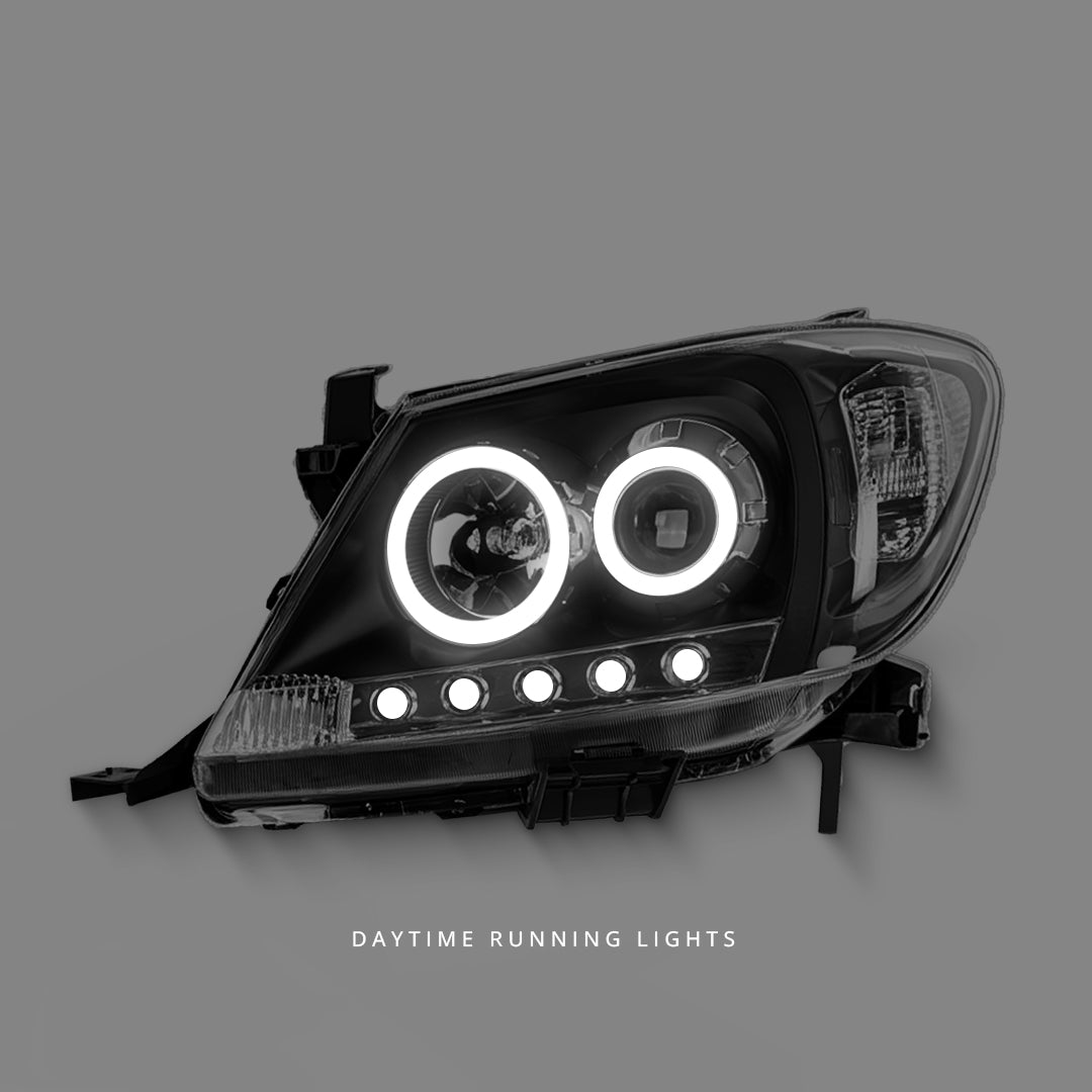Toyota HiLux Vigo SR5 (2005 - 2010) Black Ultra LED DRL Angel Eyes Projector Headlights LH + RH