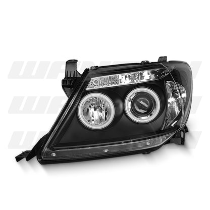 Toyota HiLux SR5 (2005 - 2010) Black LED Angel Eyes Projector Headlights LH + RH
