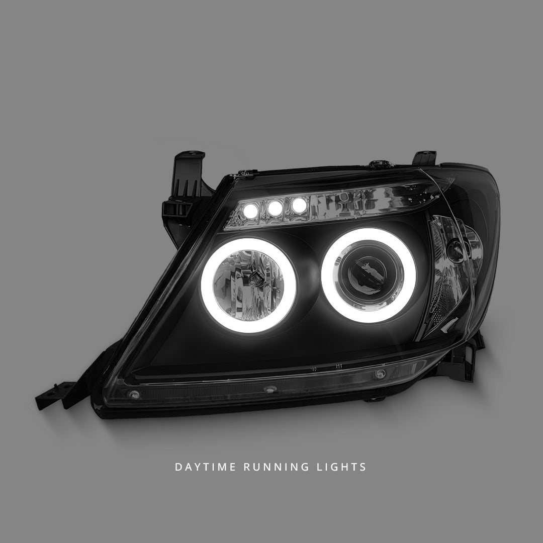Toyota HiLux SR5 (2005 - 2010) Black LED Angel Eyes Projector Headlights LH + RH