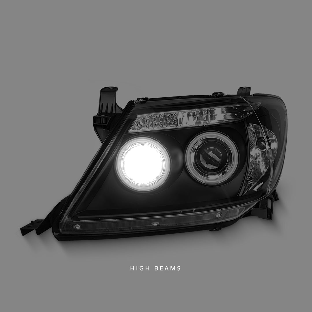 Toyota HiLux SR5 (2005 - 2010) Black LED Angel Eyes Projector Headlights LH + RH
