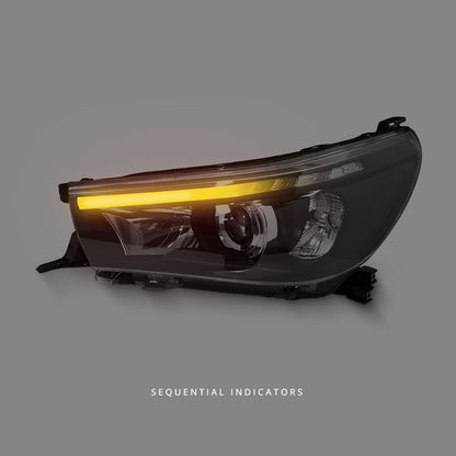 Toyota HiLux Revo (2015 - 2021) Sequential Black LED DRL Projector Headlights LH + RH